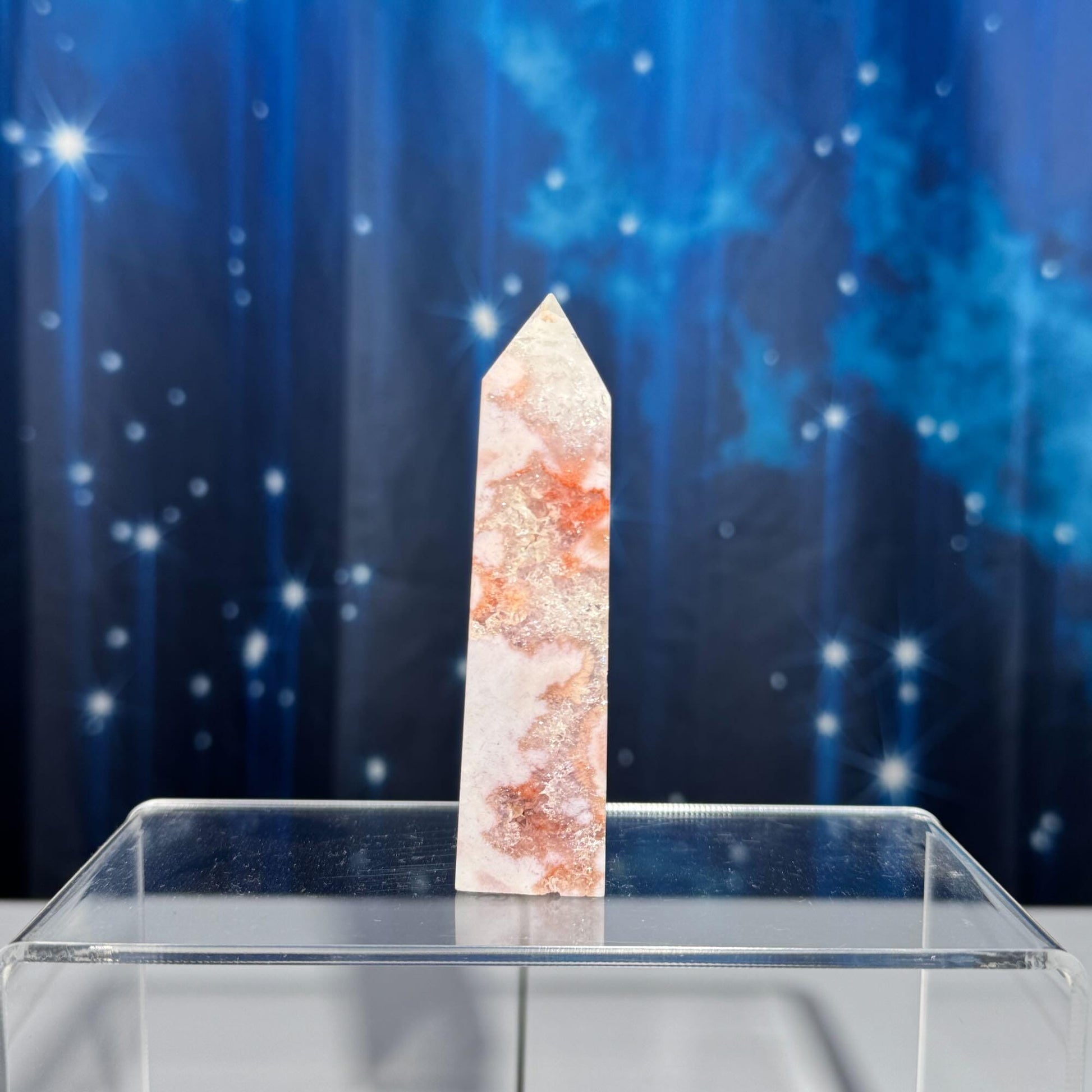 Pink Amethyst with Flower Agate point | 3 5/8" tall | 98 grams | with Quartz | lots of rainbows | obelisk