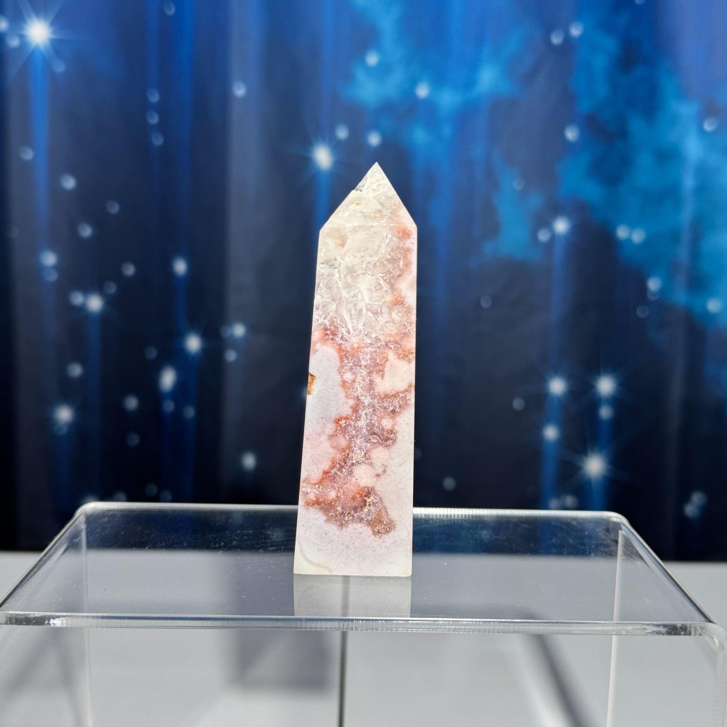 Pink Amethyst with Flower Agate point | 3 5/8" tall | 98 grams | with Quartz | lots of rainbows | obelisk