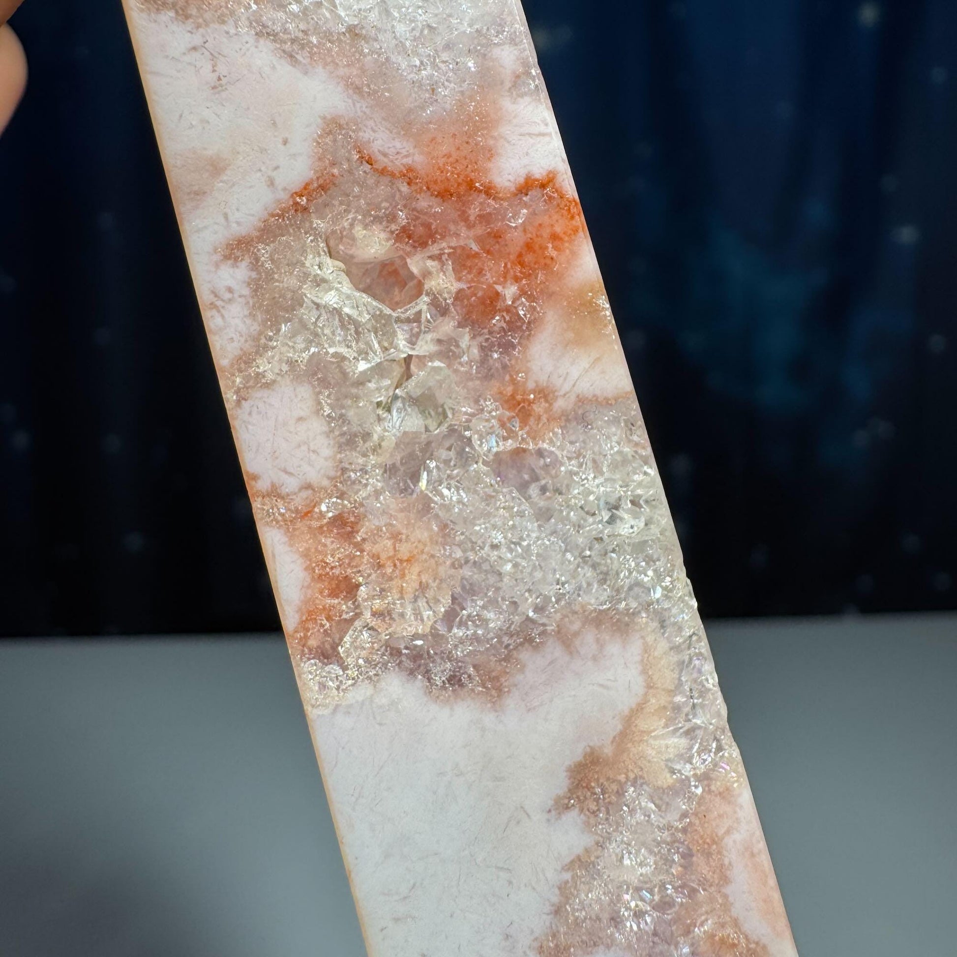 Pink Amethyst with Flower Agate point | 3 5/8" tall | 98 grams | with Quartz | lots of rainbows | obelisk