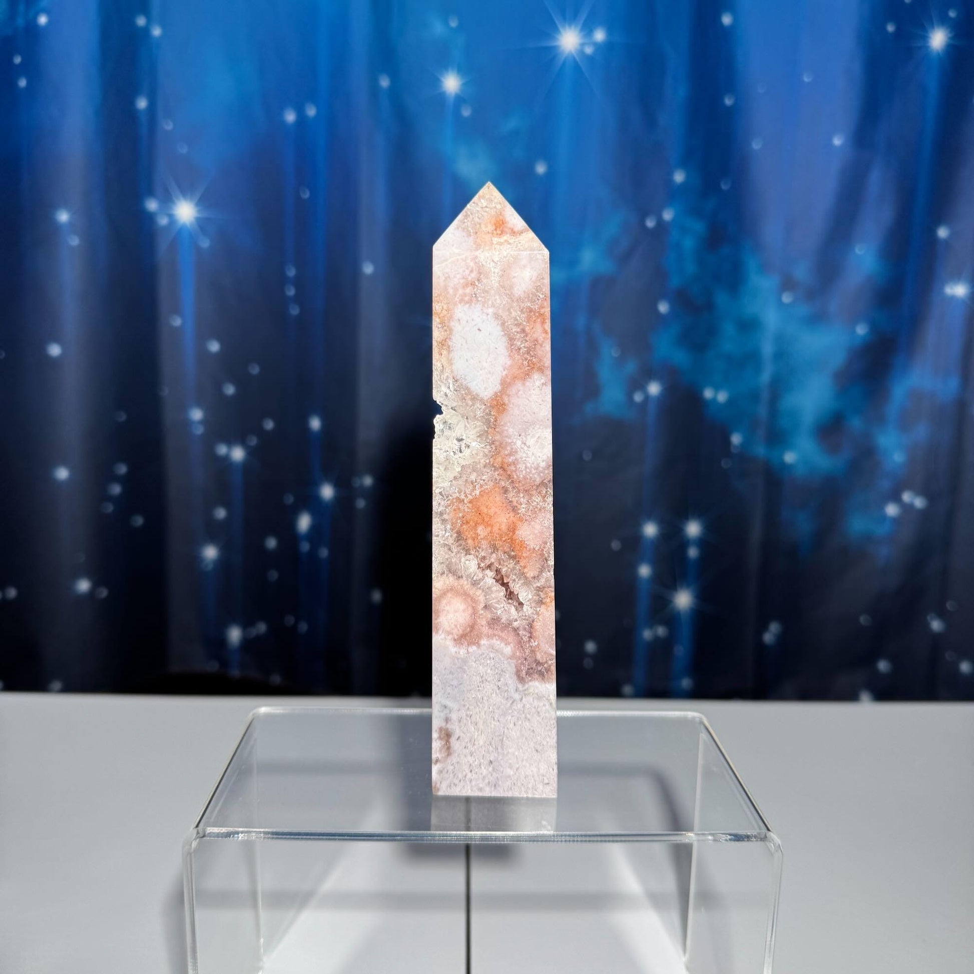 Pink Amethyst with Flower Agate tower | 6 3/8" tall | 329 grams | with Quartz | mini rainbows