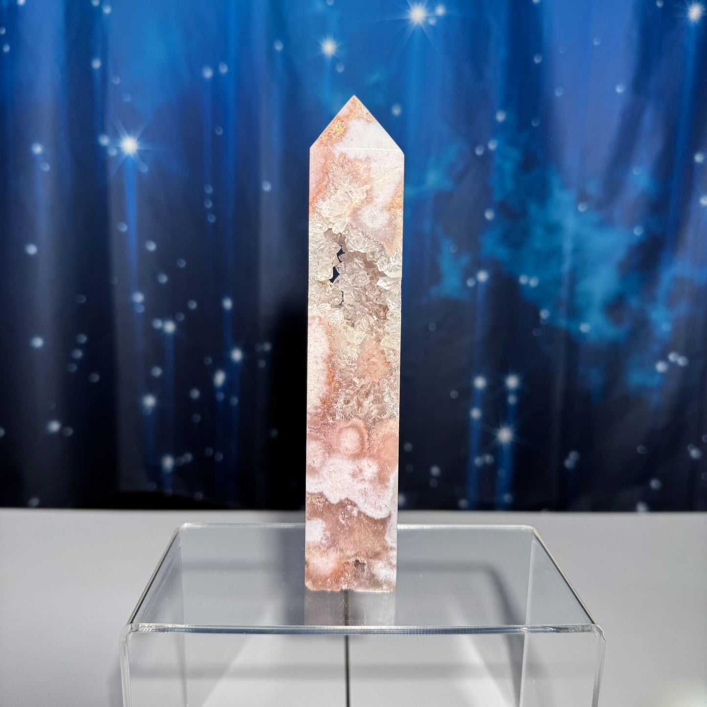 Pink Amethyst with Flower Agate tower | 6 3/8" tall | 329 grams | with Quartz | mini rainbows