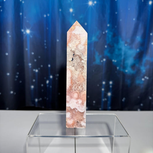 Pink Amethyst with Flower Agate tower | 6 3/8" tall | 329 grams | with Quartz | mini rainbows