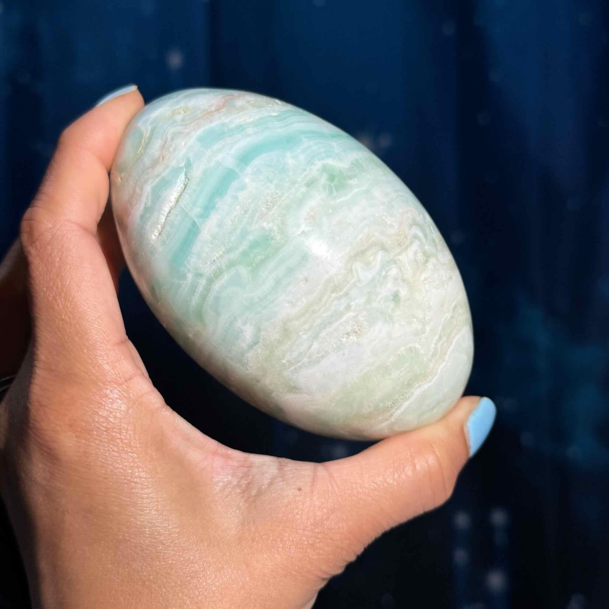Caribbean Calcite goddess egg | 4 1/4" long | 748 grams | ocean blue | Tucson find | pill shape | ellipsoid
