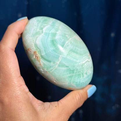 Caribbean Calcite goddess egg | 3 7/8" long | 544 grams | ocean blue | Tucson find | pill shape | ellipsoid