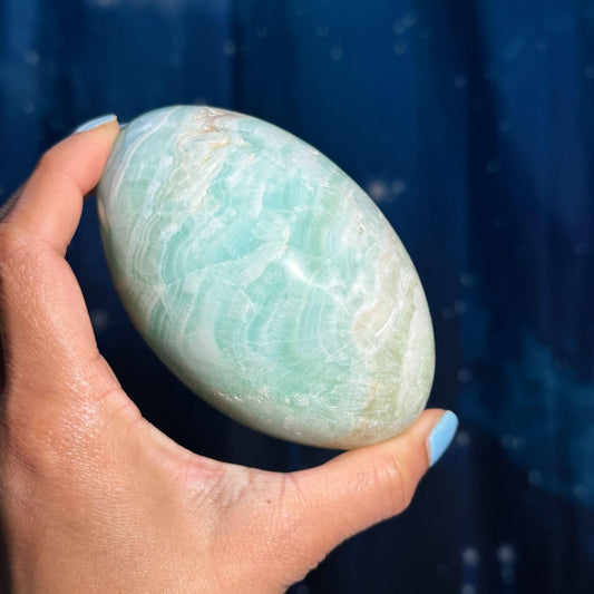Caribbean Calcite goddess egg | 4 1/4" long | 748 grams | ocean blue | Tucson find | pill shape | ellipsoid