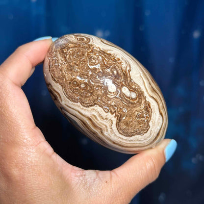 Brown Aragonite goddess egg | 3 3/4" long | 465 grams | gorgeous banding | Tucson find | pill shape | ellipsoid