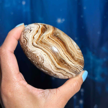 Brown Aragonite goddess egg | 3 3/4" long | 465 grams | gorgeous banding | Tucson find | pill shape | ellipsoid