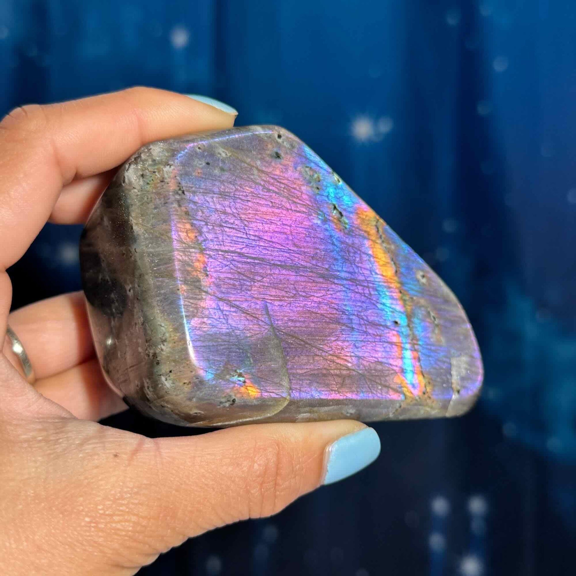 Labradorite free form | 4 1/8" long | 499 grams | dual flash | purple flash | pink flash | orange flash | blue flash
