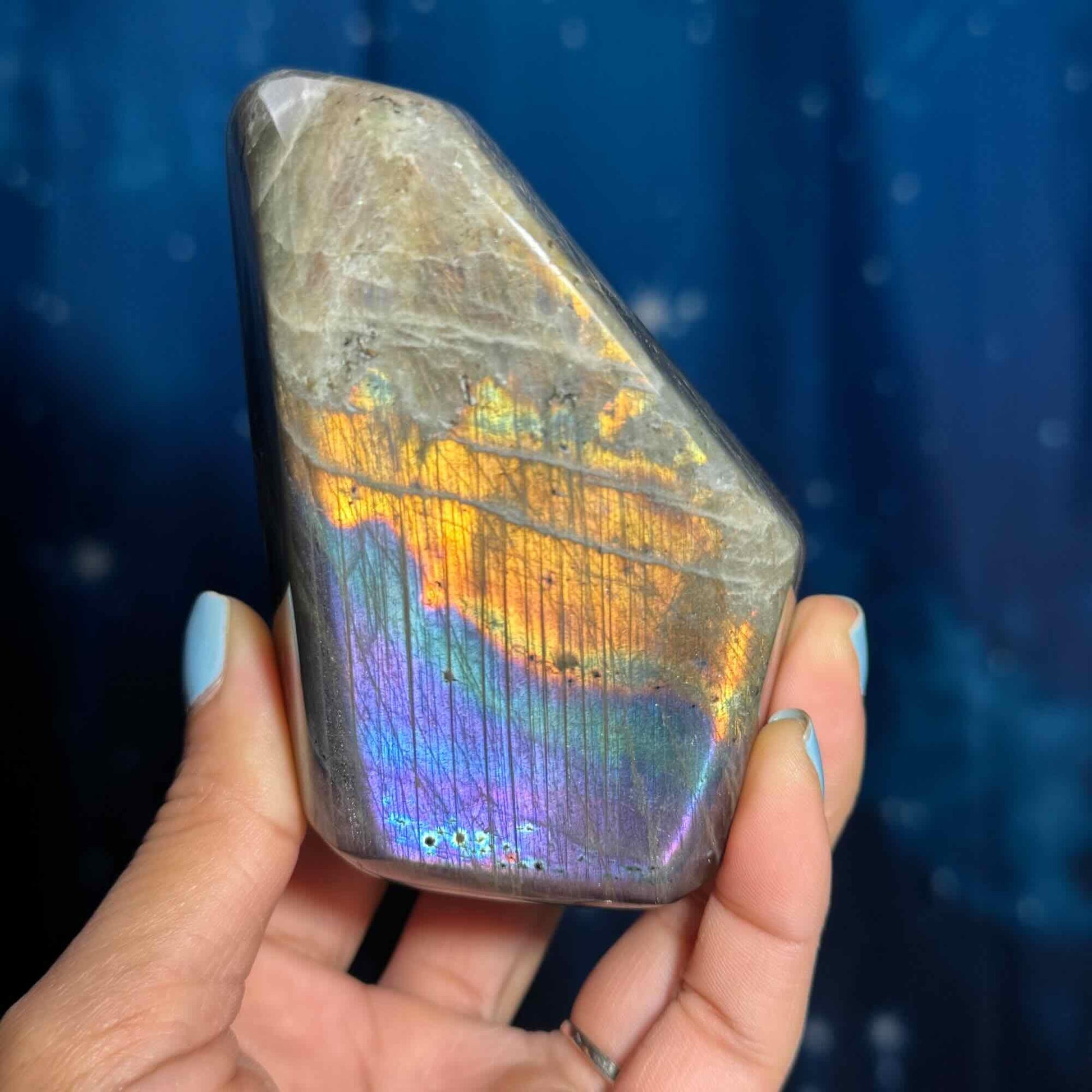 Labradorite free form | 4 1/8" long | 499 grams | dual flash | purple flash | pink flash | orange flash | blue flash
