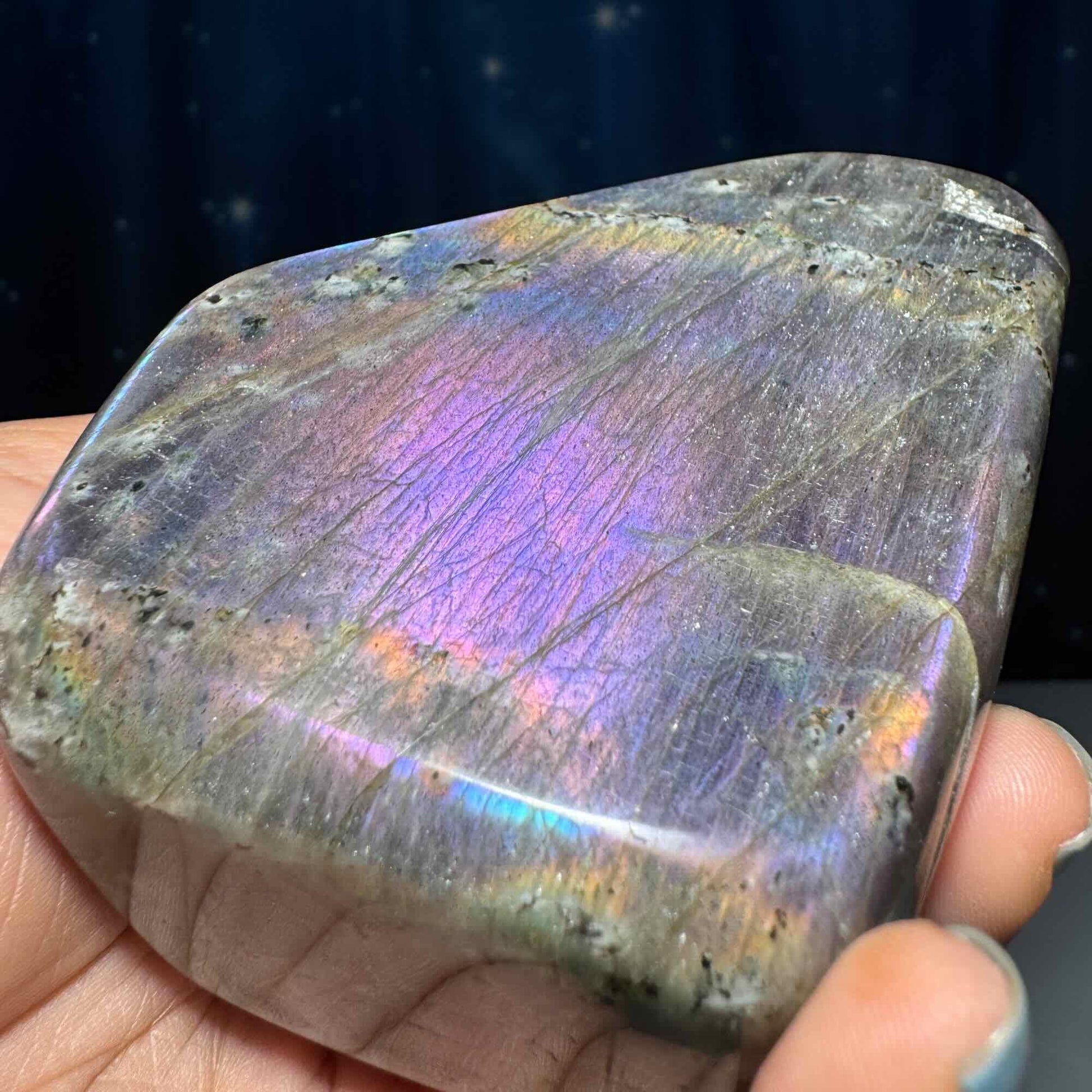 Labradorite free form | 4 1/8" long | 499 grams | dual flash | purple flash | pink flash | orange flash | blue flash