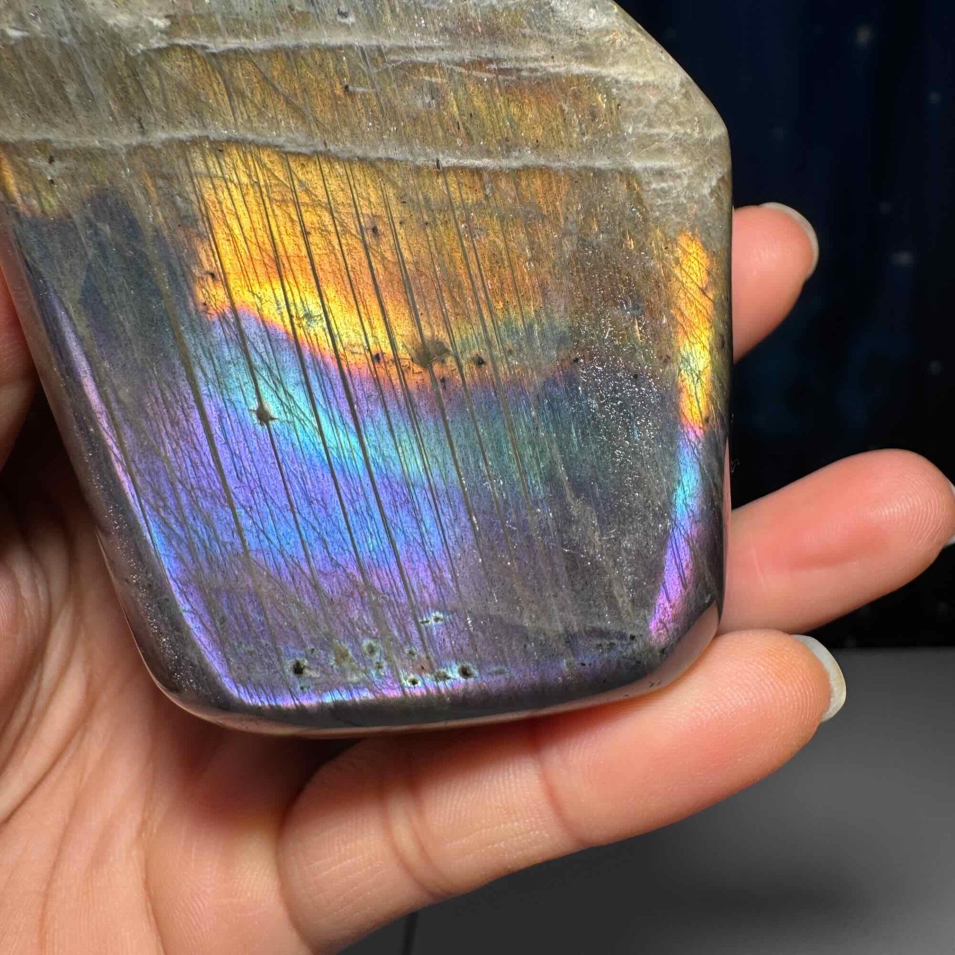 Labradorite free form | 4 1/8" long | 499 grams | dual flash | purple flash | pink flash | orange flash | blue flash