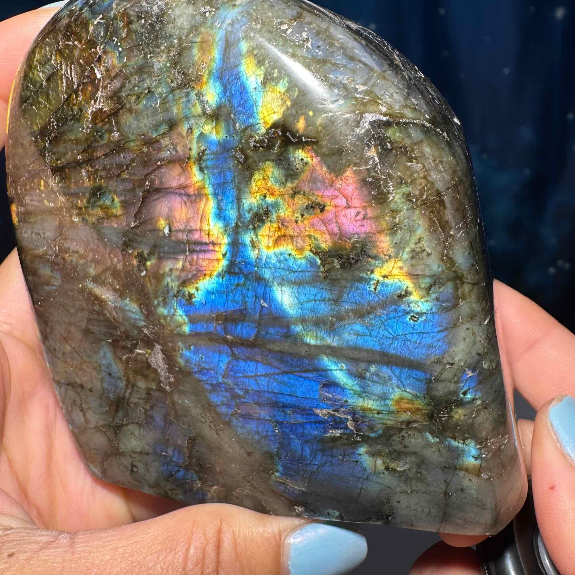 Labradorite free form | 3 3/4" long | 842 grams | dual flash | purple flash | pink flash | orange flash | blue flash yellow flash