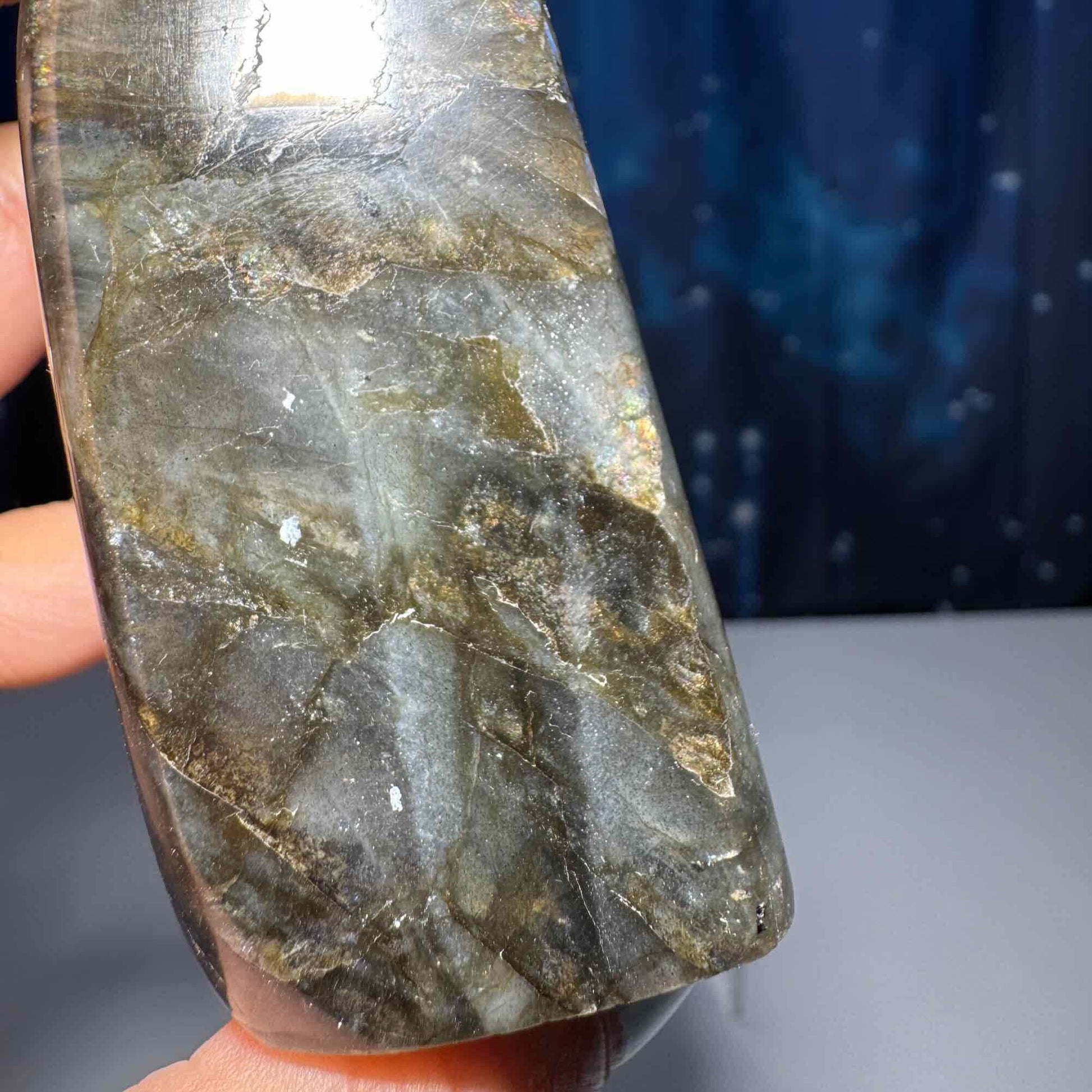 Labradorite free form | 3 1/8" long | 303 grams | dual flash | orange flash | blue flash yellow flash
