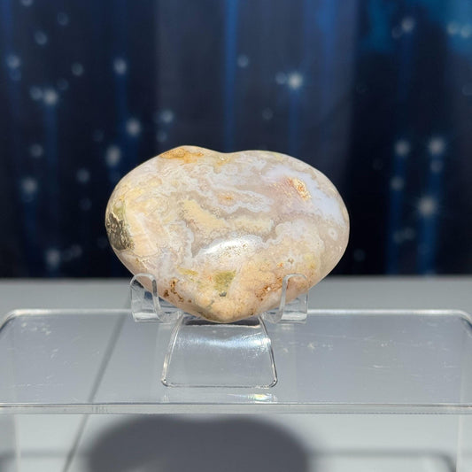 Flower Agate heart | 2 5/8" long | 111 grams | stand included | Damage Discount