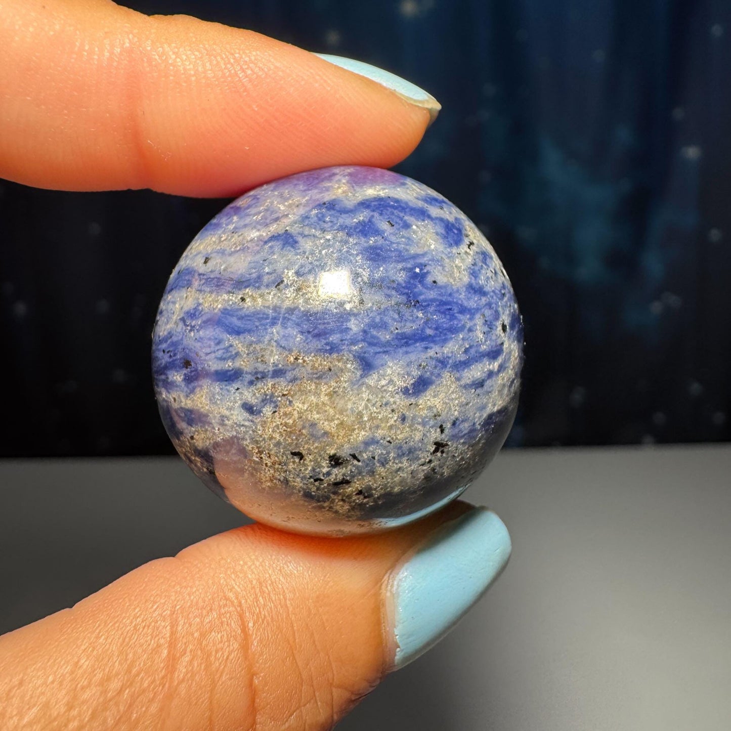 mini Sodalite sphere | 31mm | 45 grams | one (1) crown stand included | low quality discount