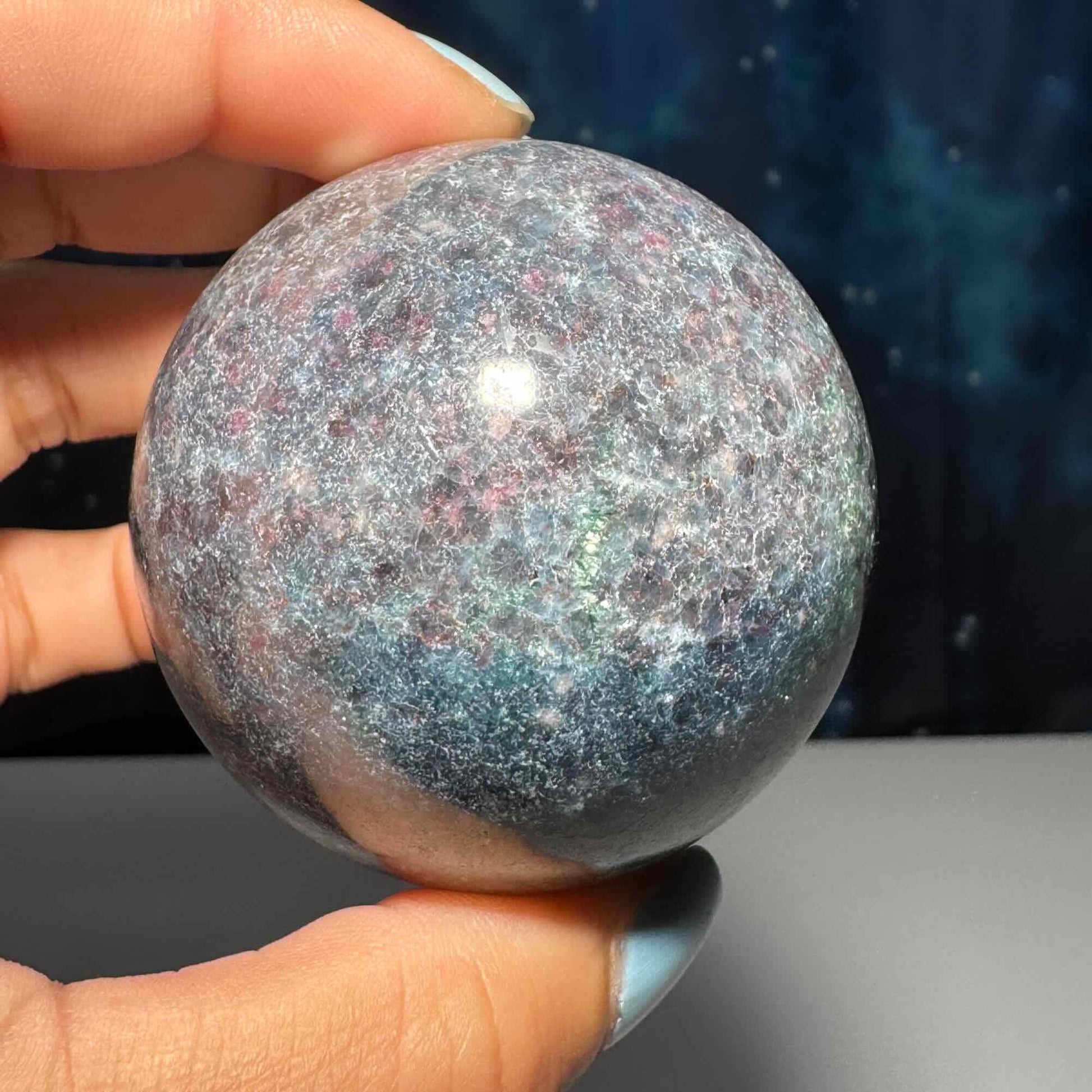 Ruby in Kyanite with Fuchsite sphere | 54mm | 306 grams | UV reactive | stand included