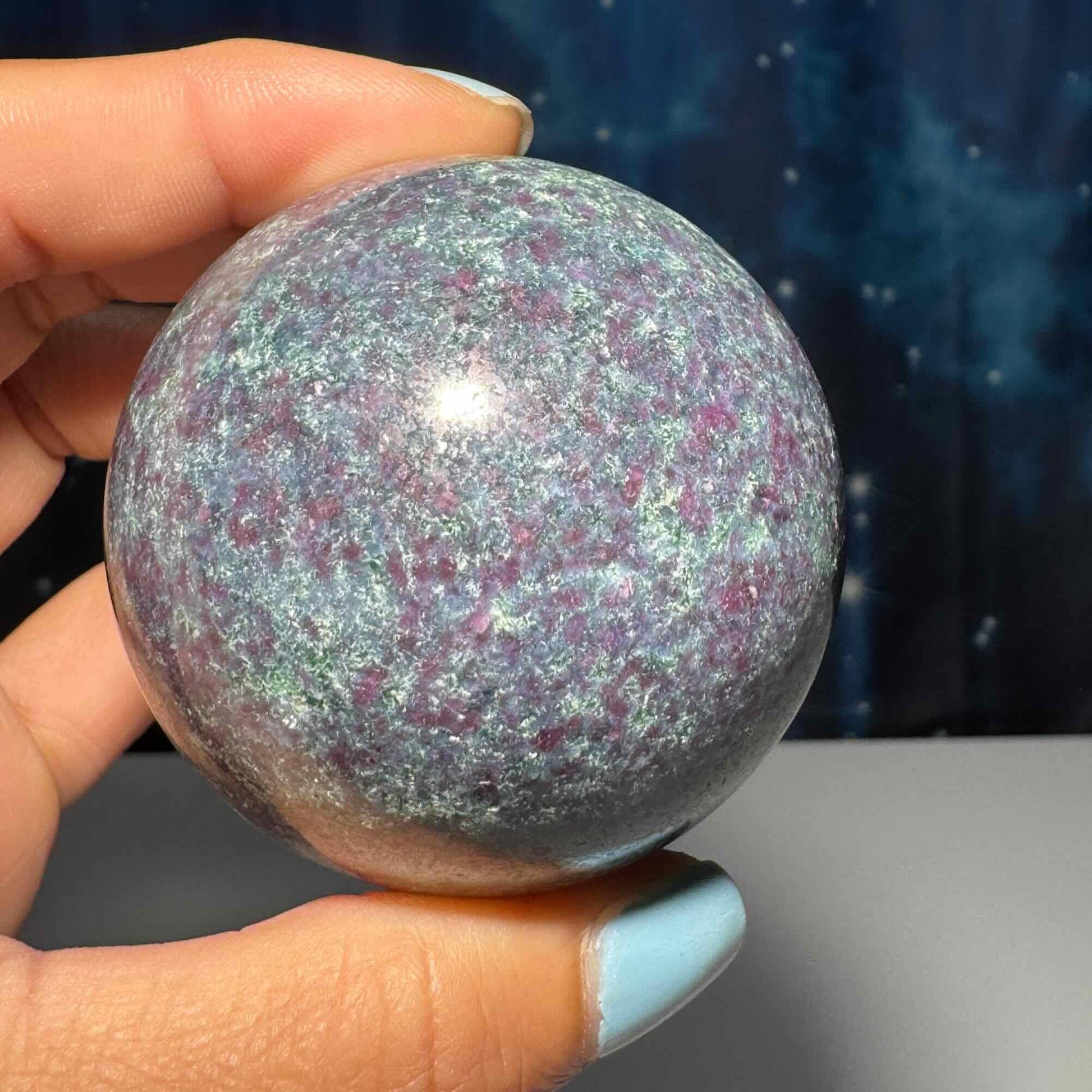 Ruby in Kyanite with Fuchsite sphere | 55mm | 326 grams | UV reactive | stand included