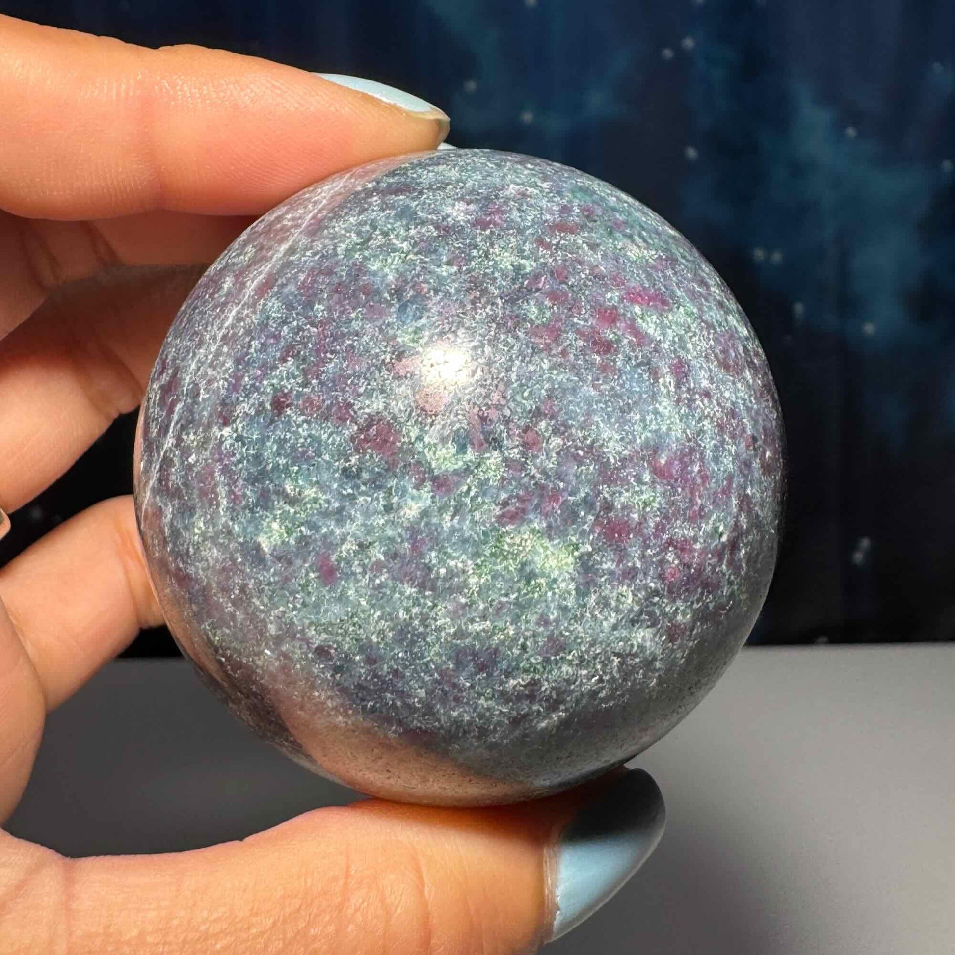 Ruby in Kyanite with Fuchsite sphere | 55mm | 326 grams | UV reactive | stand included