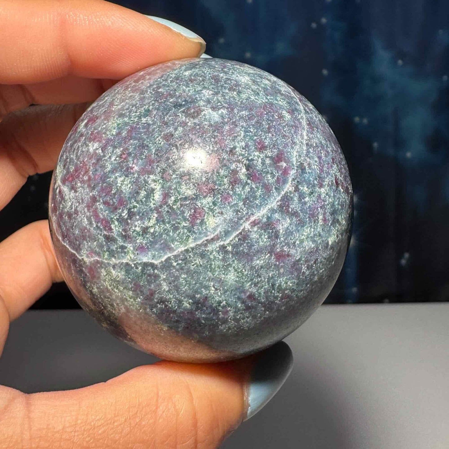 Ruby in Kyanite with Fuchsite sphere | 55mm | 326 grams | UV reactive | stand included