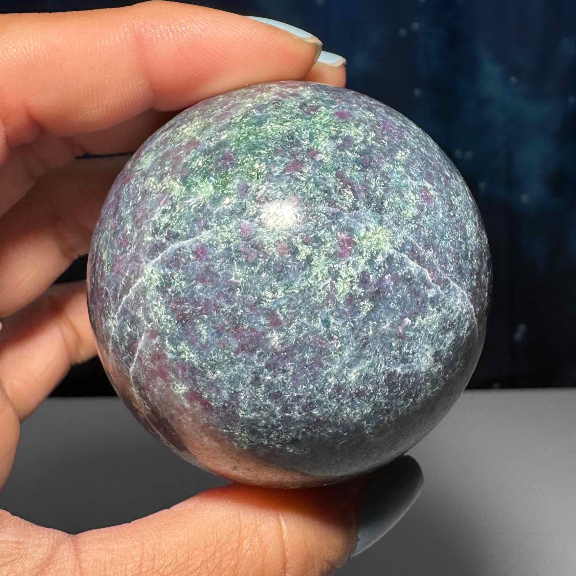 Ruby in Kyanite with Fuchsite sphere | 55mm | 326 grams | UV reactive | stand included