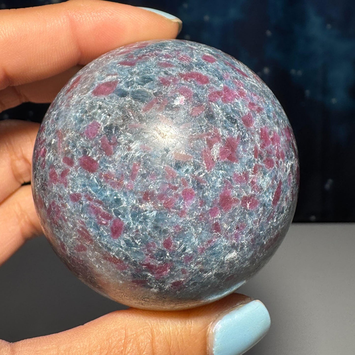 Ruby in Kyanite with Fuchsite sphere | 56mm | 349 grams | UV reactive | stand included