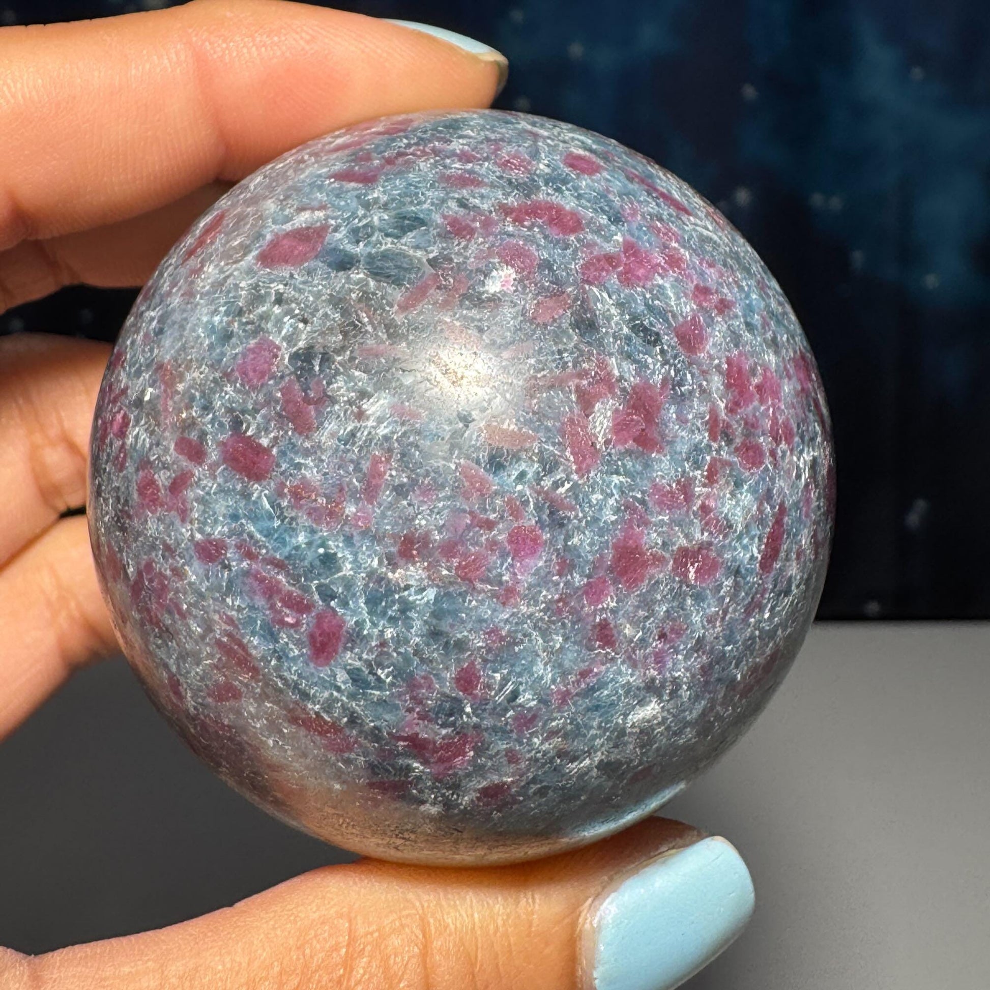 Ruby in Kyanite with Fuchsite sphere | 56mm | 349 grams | UV reactive | stand included