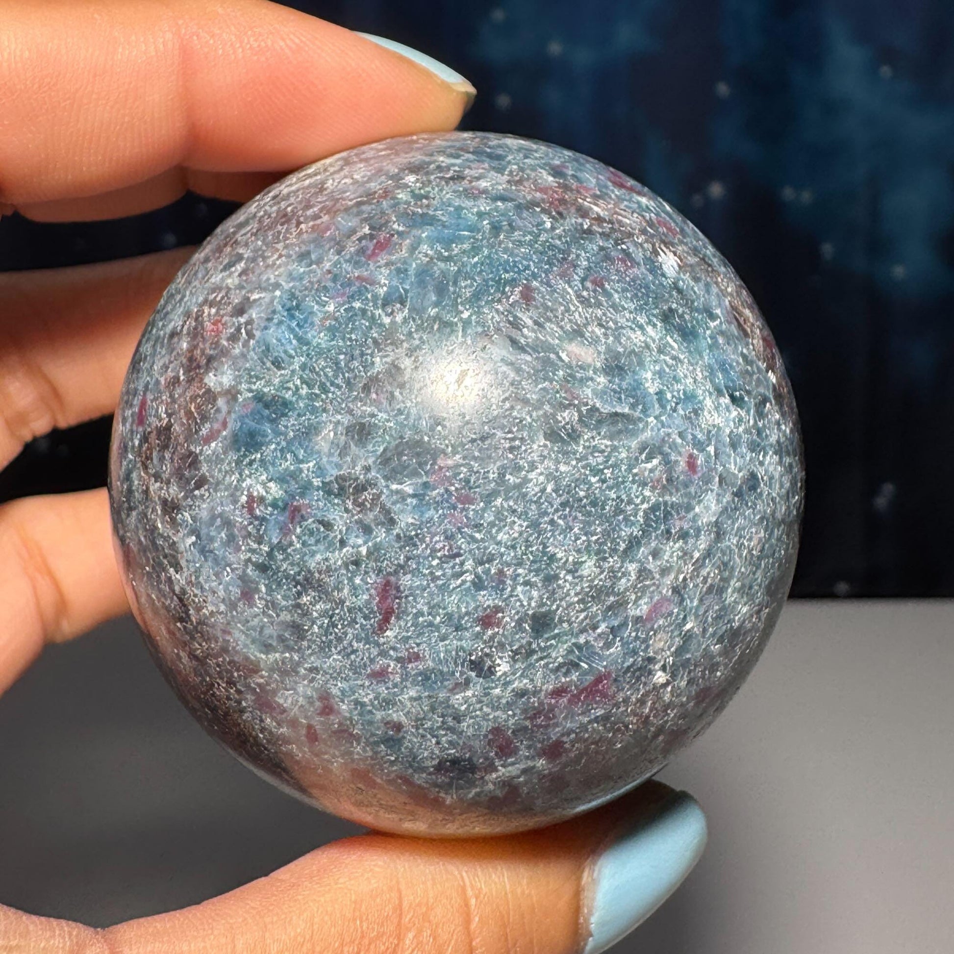 Ruby in Kyanite with Fuchsite sphere | 56mm | 349 grams | UV reactive | stand included