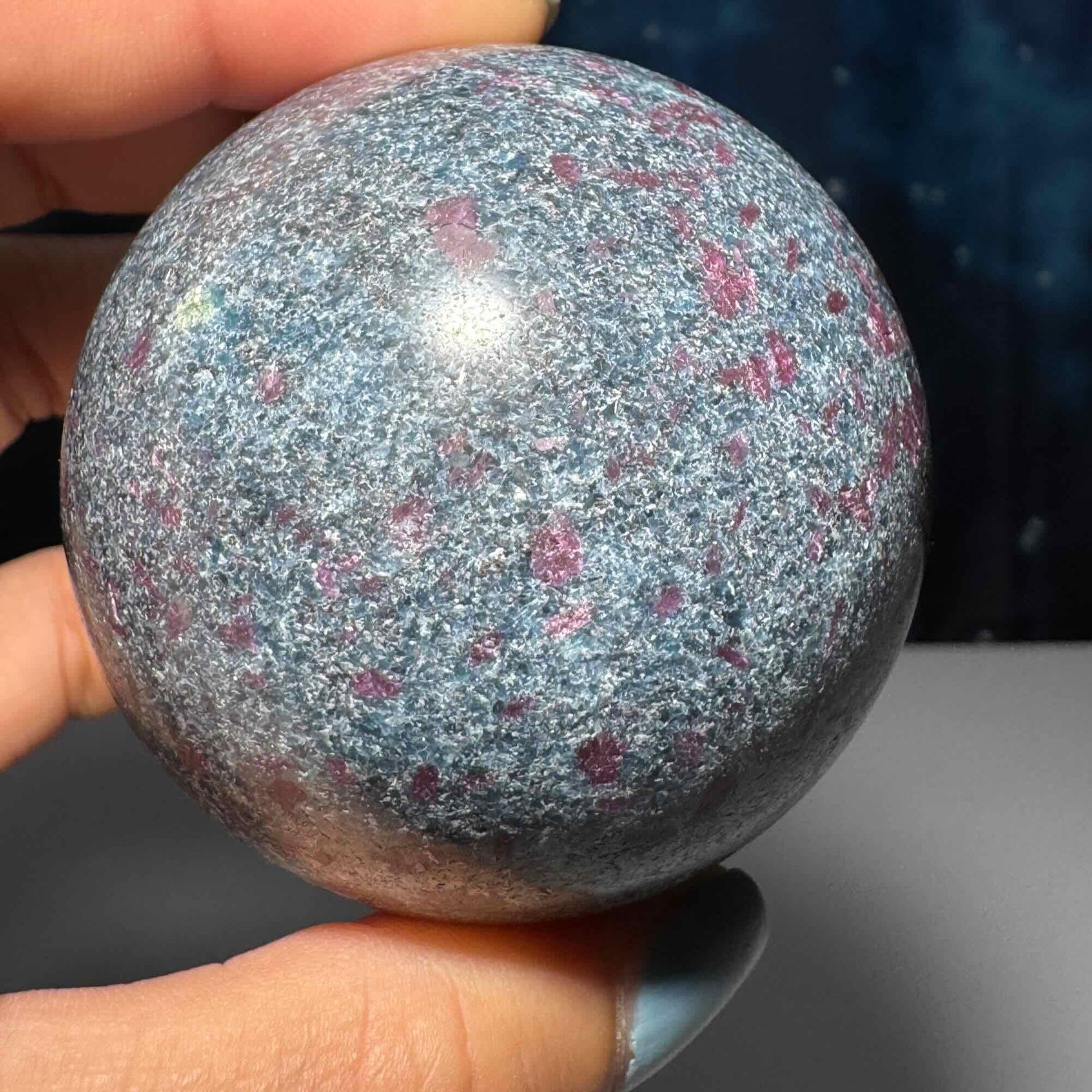 Ruby in Kyanite with Fuchsite sphere | 57mm | 371 grams | UV reactive | stand included