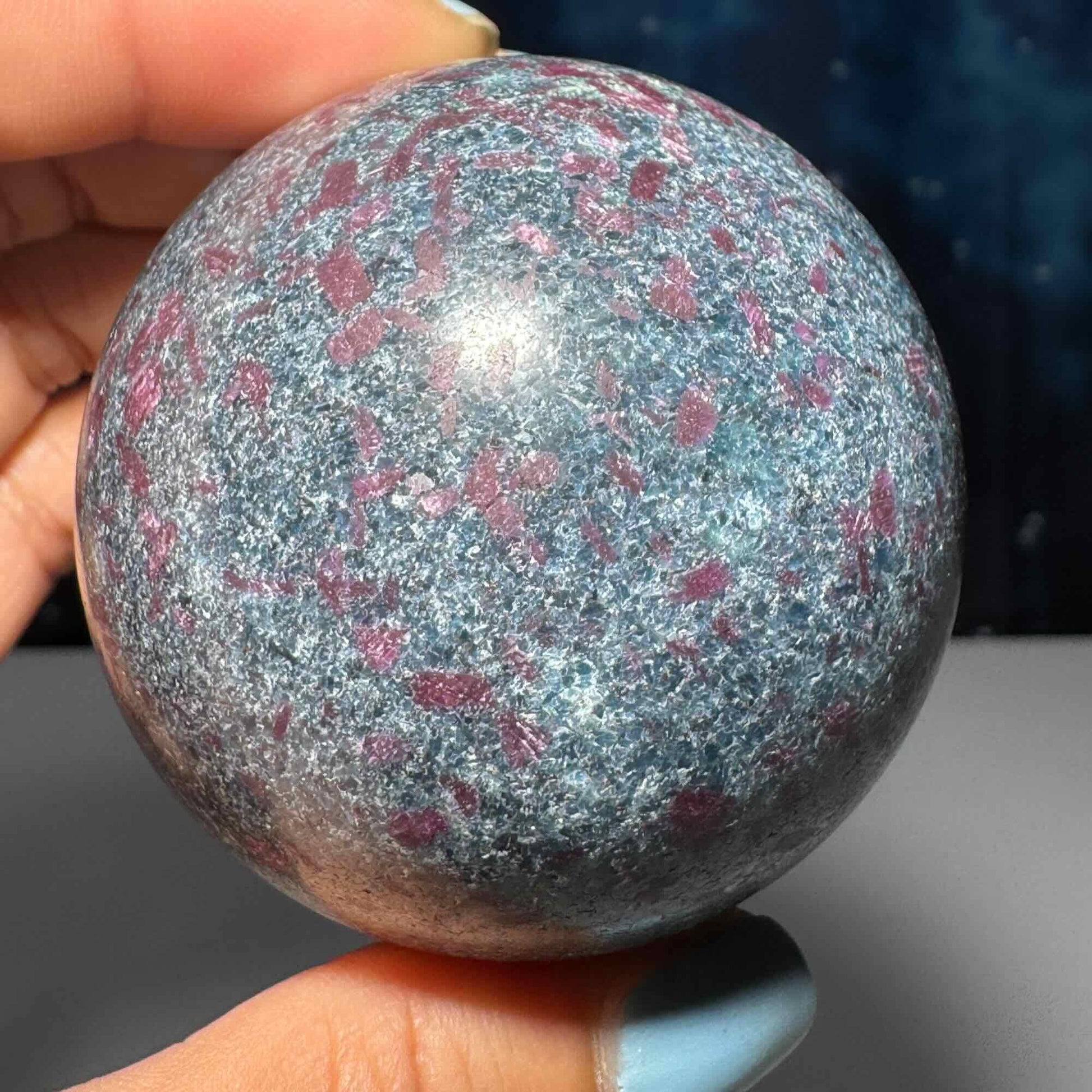 Ruby in Kyanite with Fuchsite sphere | 57mm | 371 grams | UV reactive | stand included