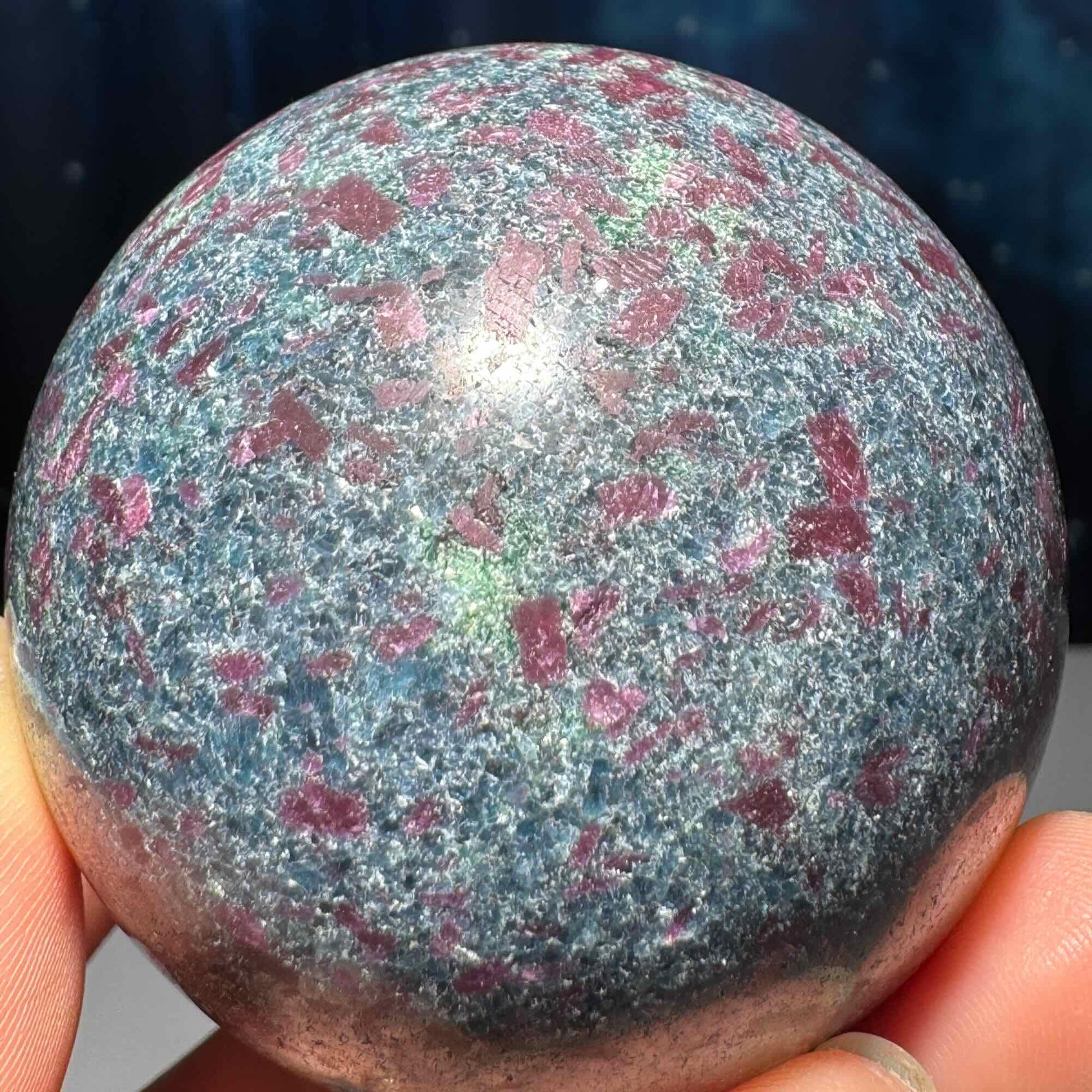 Ruby in Kyanite with Fuchsite sphere | 57mm | 371 grams | UV reactive | stand included