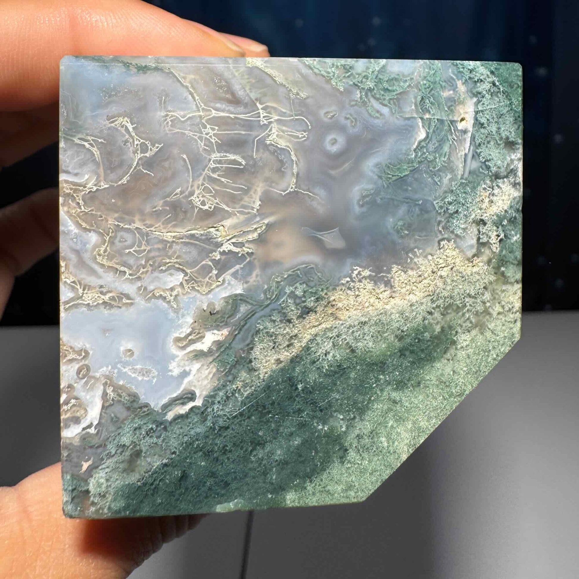 druzy Moss Agate cube | 2 1/4" long | 406 grams | green Moss Agate | floating cube