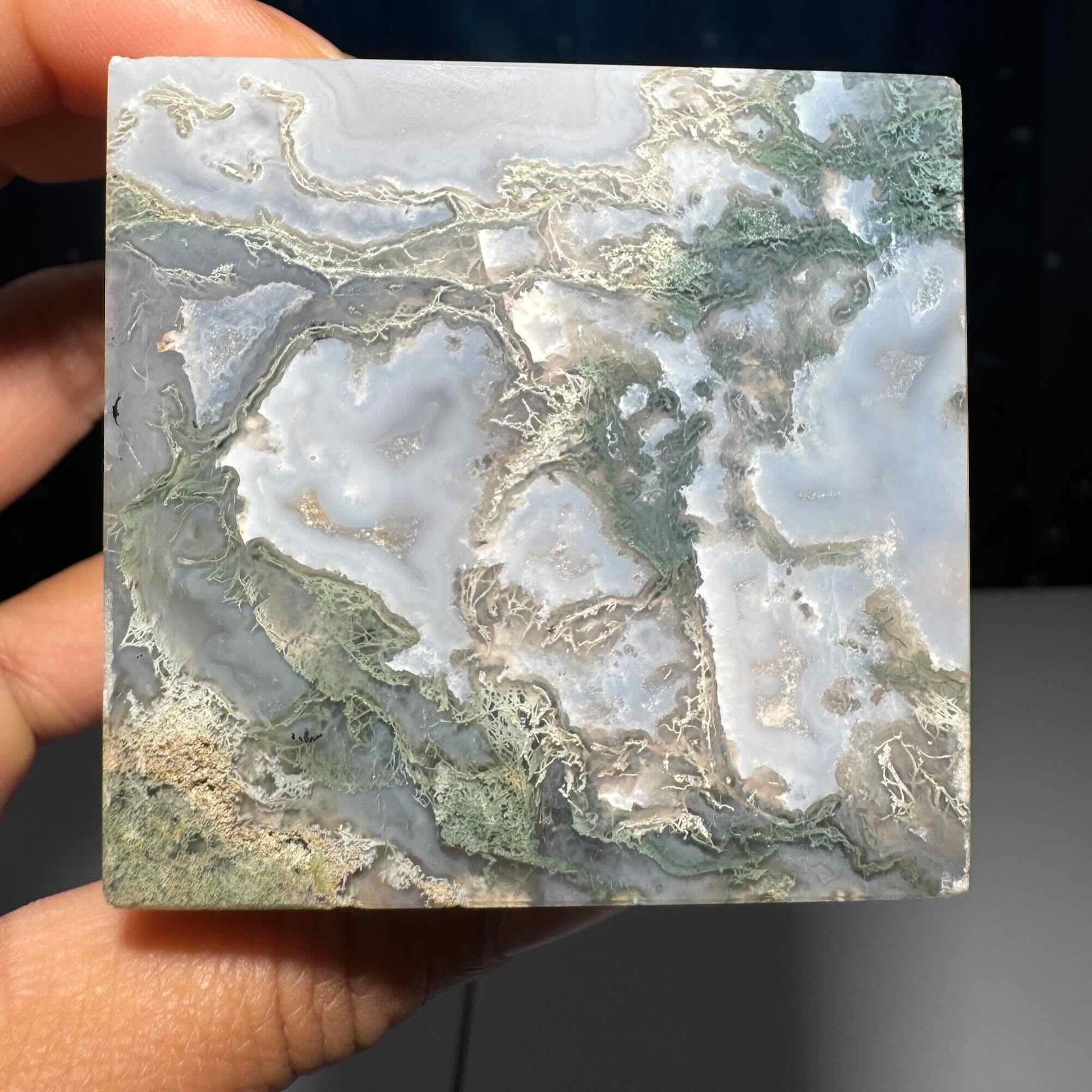 druzy Moss Agate cube | 2 1/4" long | 406 grams | green Moss Agate | floating cube