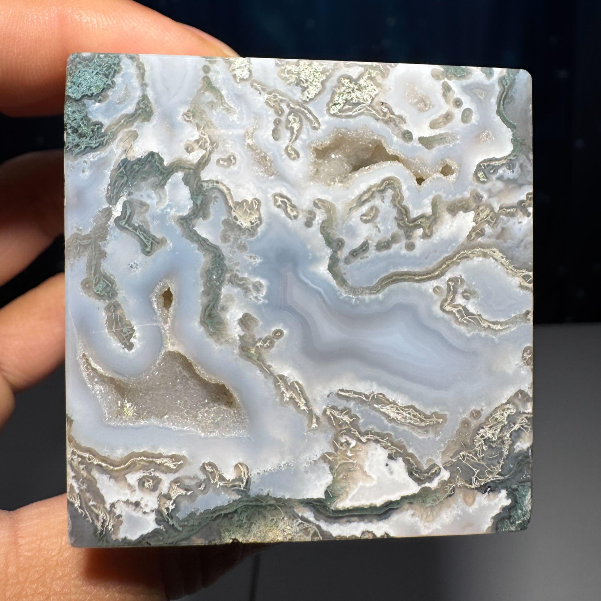druzy Moss Agate cube | 2 1/4" long | 406 grams | green Moss Agate | floating cube