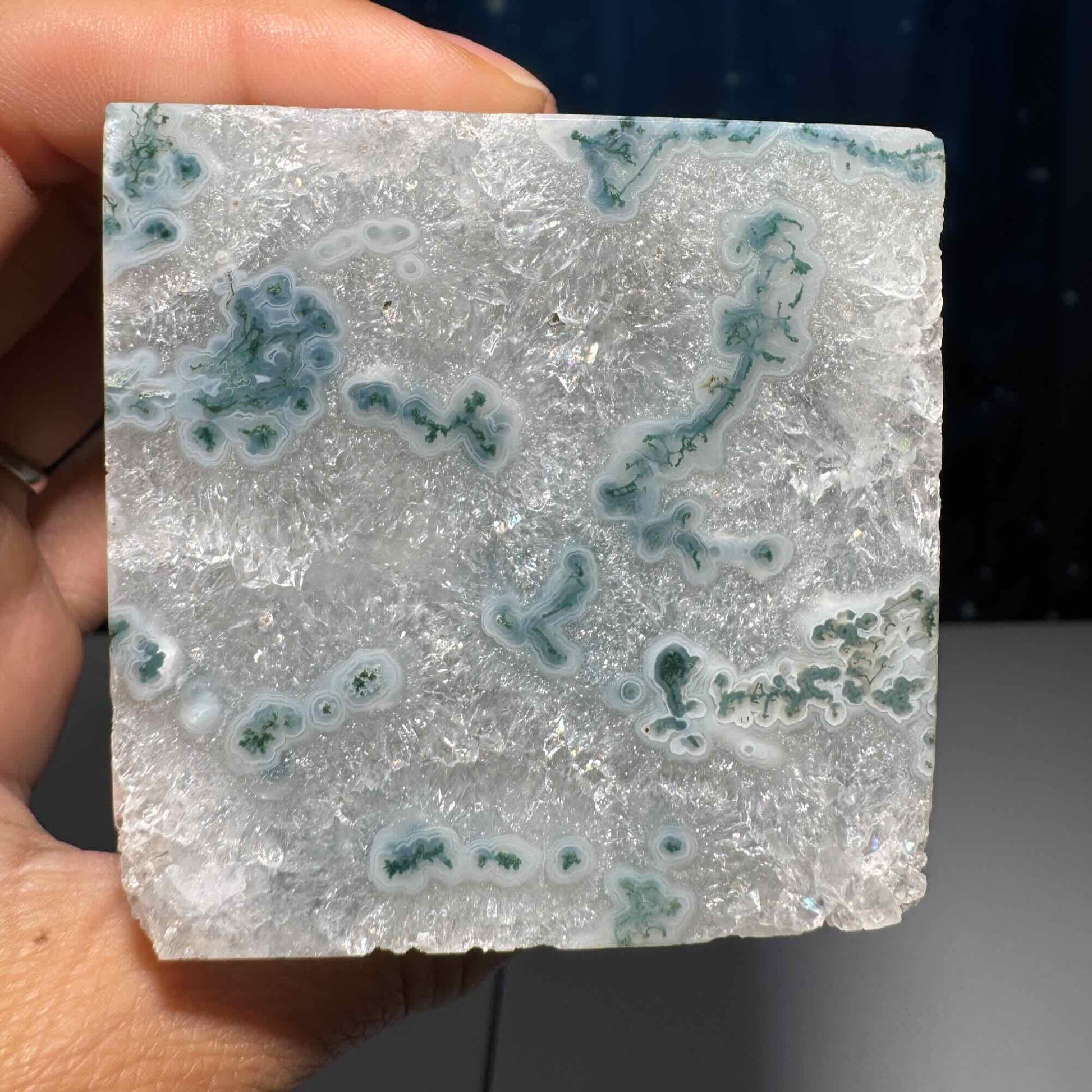 Moss Agate and Quartz cube | 2 1/4" long | 406 grams | floating cube | mini rainbows