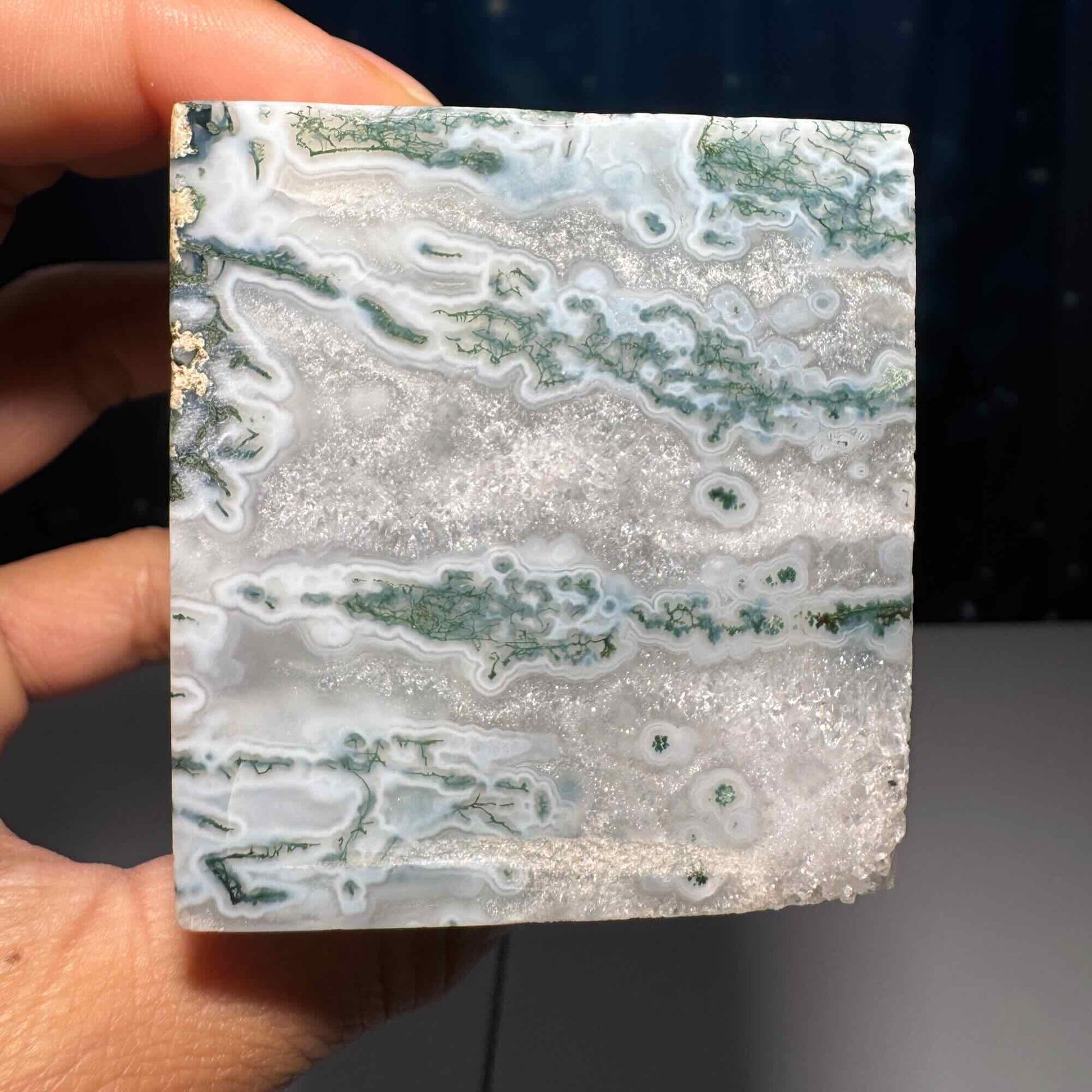Moss Agate and Quartz cube | 2 1/4" long | 406 grams | floating cube | mini rainbows