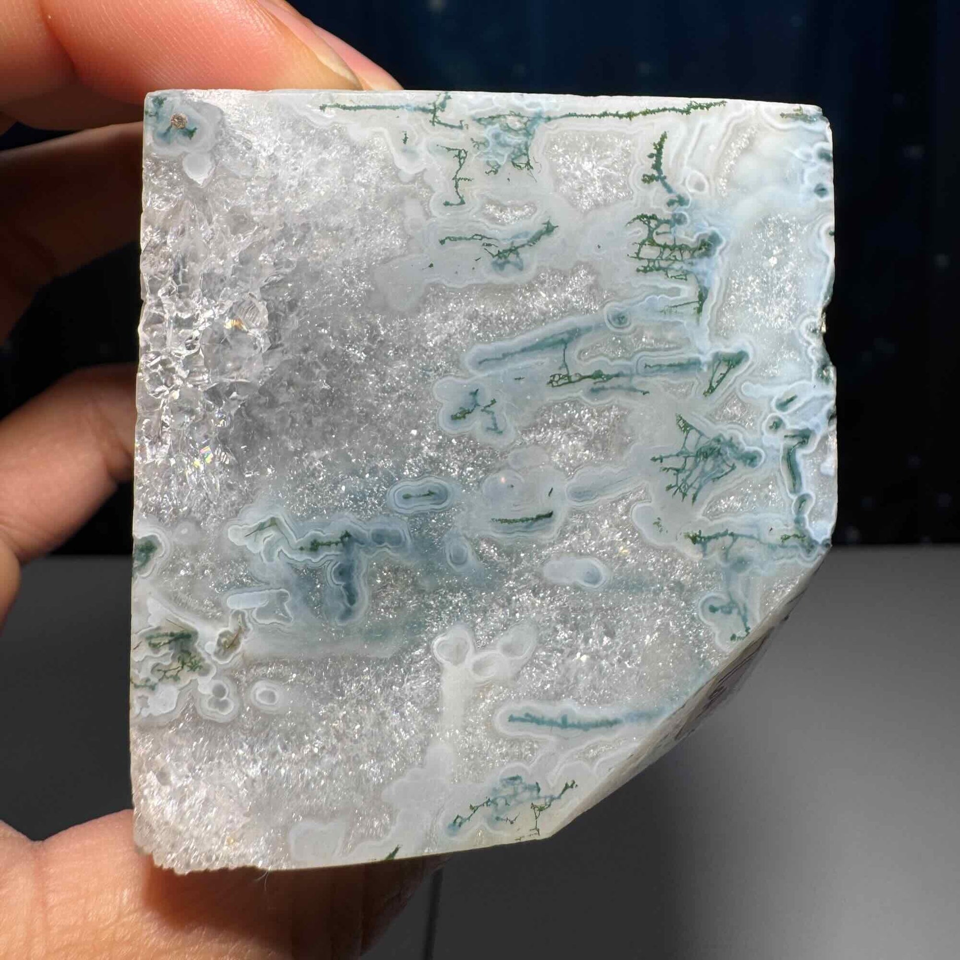 Moss Agate and Quartz cube | 2 1/4" long | 406 grams | floating cube | mini rainbows