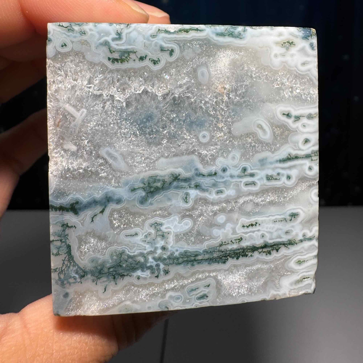Moss Agate and Quartz cube | 2 1/4" long | 406 grams | floating cube | mini rainbows