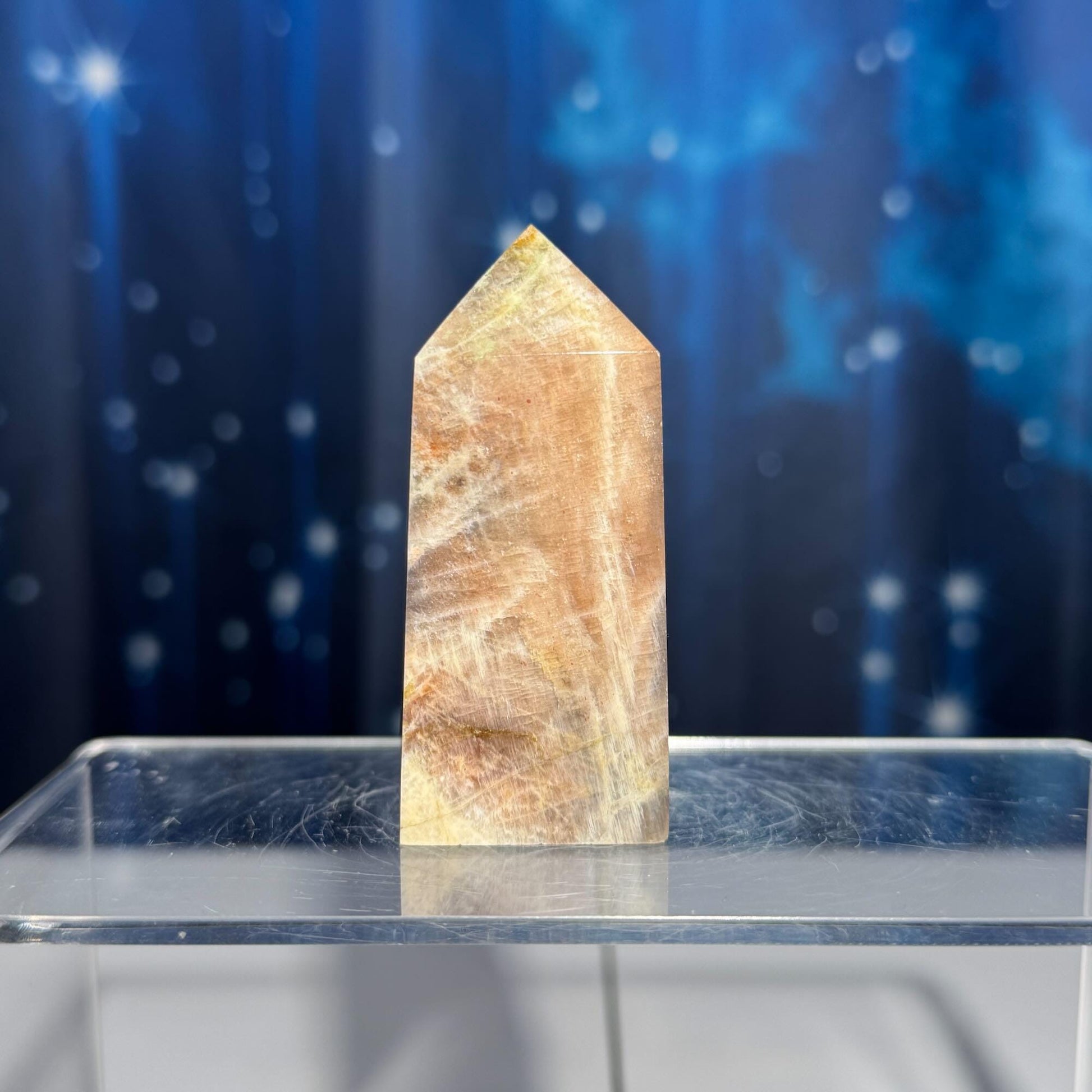 flashy Moonstone with Sunstone | 2 3/4" tall | 88 grams | blue flash moonstone | rainbow Sunstone | dual flash