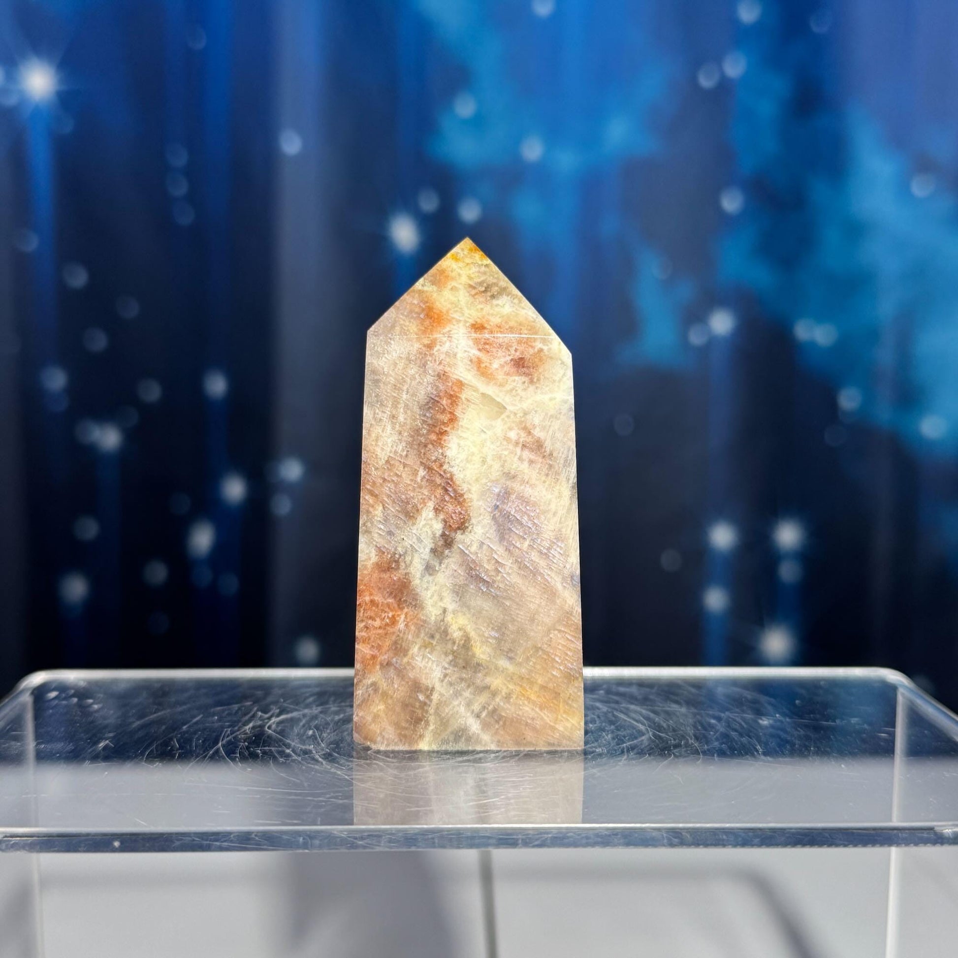flashy Moonstone with Sunstone | 2 3/4" tall | 88 grams | blue flash moonstone | rainbow Sunstone | dual flash