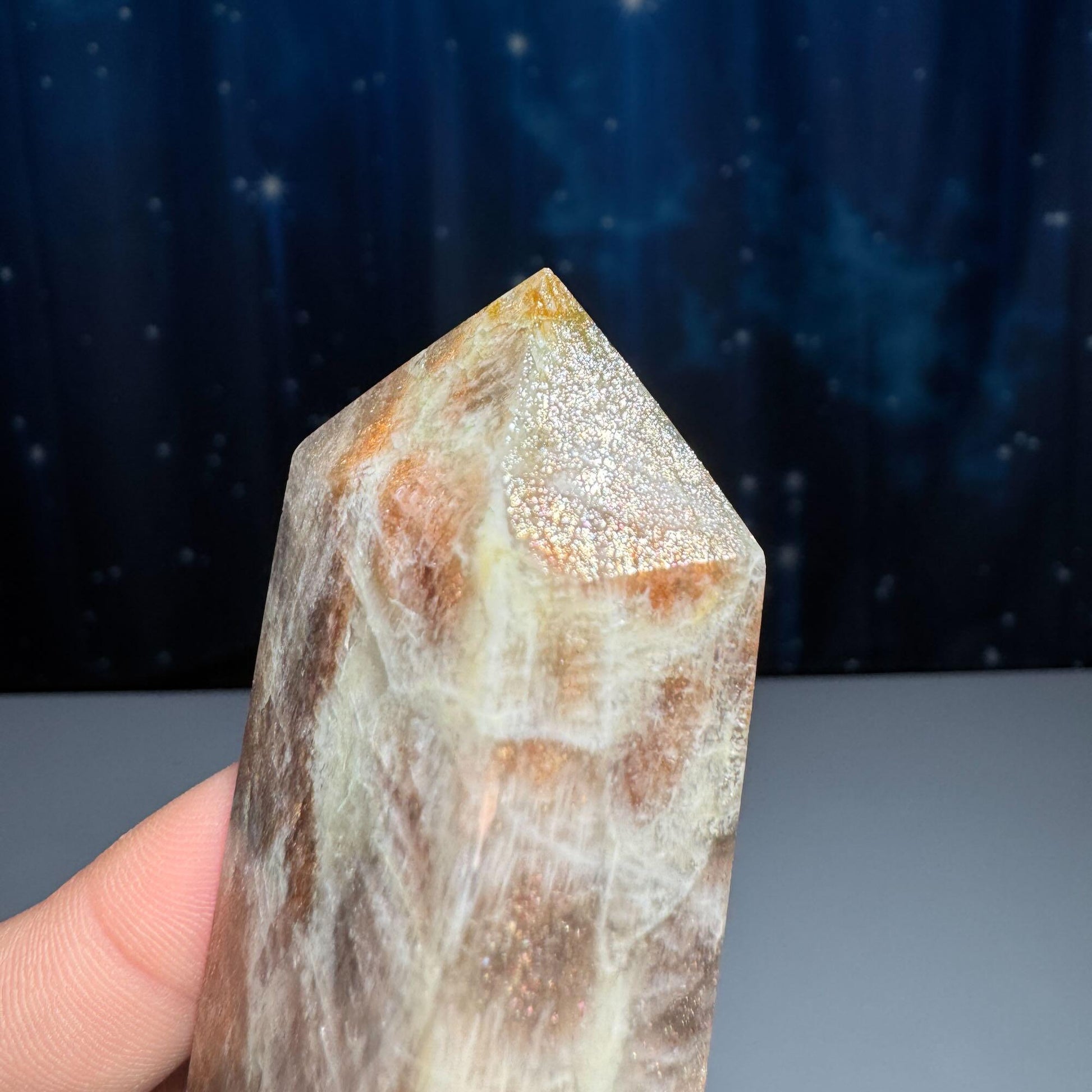 flashy Moonstone with Sunstone | 2 3/4" tall | 88 grams | blue flash moonstone | rainbow Sunstone | dual flash