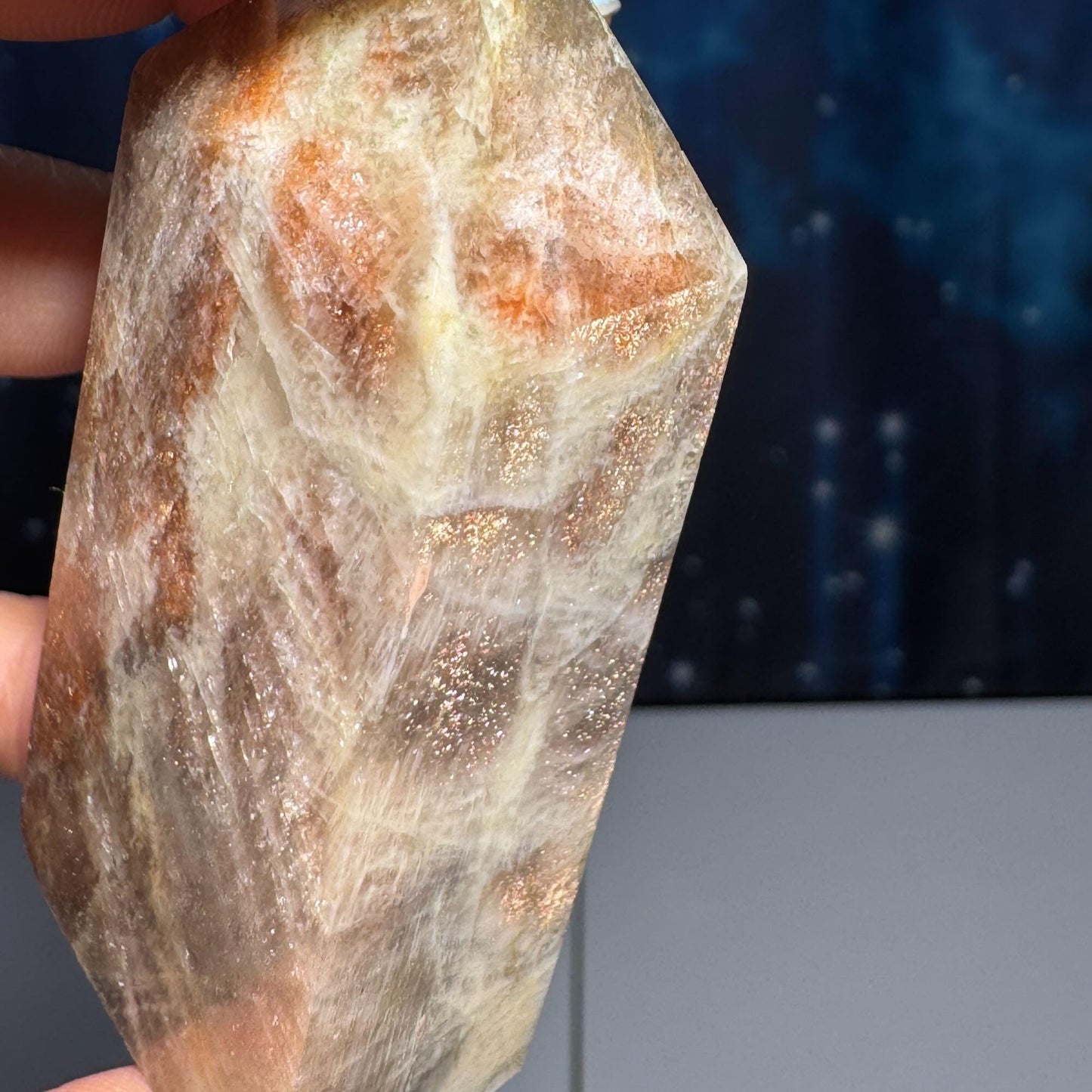 flashy Moonstone with Sunstone | 2 3/4" tall | 88 grams | blue flash moonstone | rainbow Sunstone | dual flash