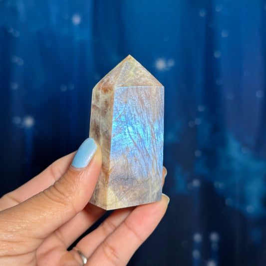 flashy Moonstone with Sunstone | 2 3/4" tall | 88 grams | blue flash moonstone | rainbow Sunstone | dual flash