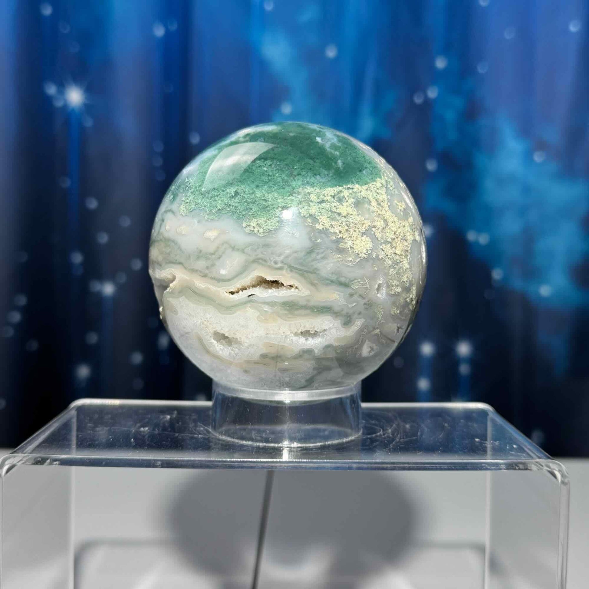 Large Moss Agate sphere | 83mm | 777 grams | Dendritic inclusions | druzy Moss Agate | stand included