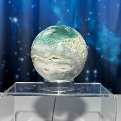 Large Moss Agate sphere | 83mm | 777 grams | Dendritic inclusions | druzy Moss Agate | stand included