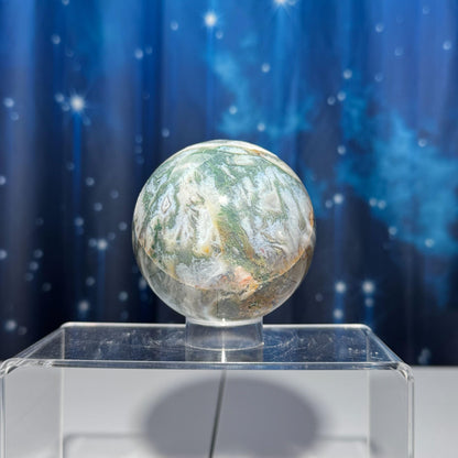 Large Moss Agate sphere | 77mm | 621 grams | stand included