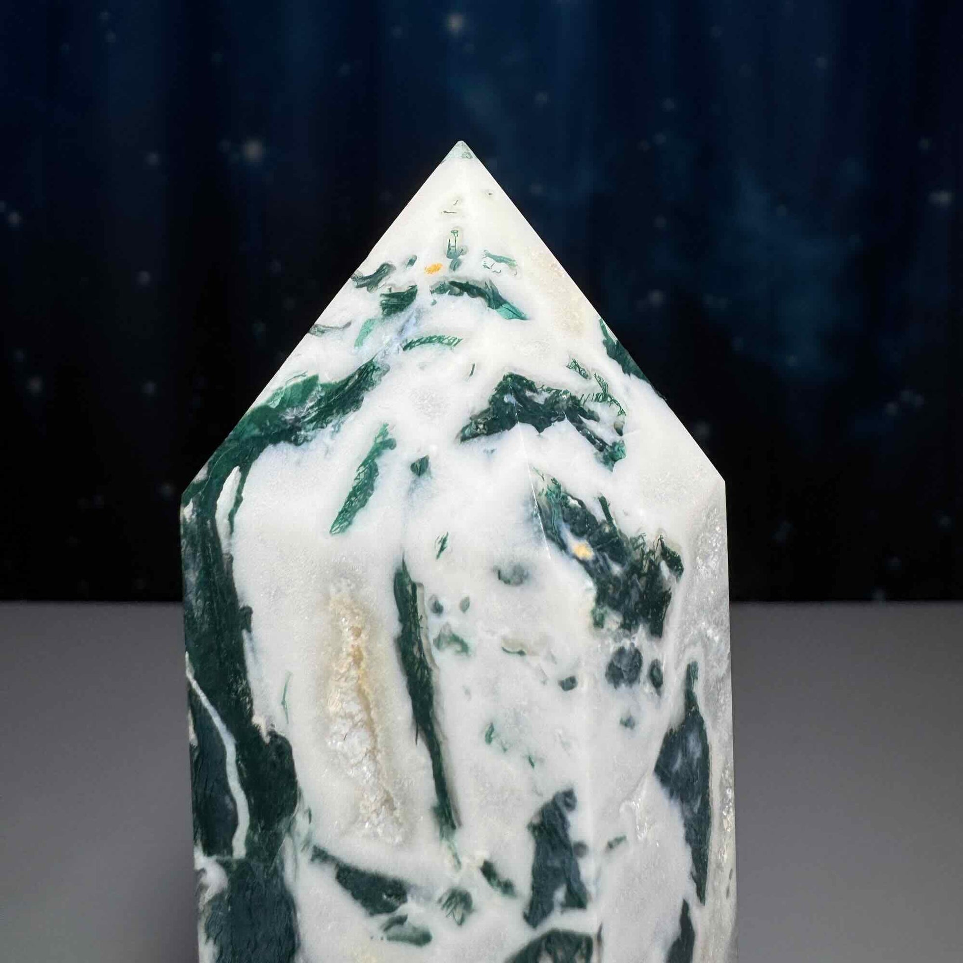 large Moss Agate tower | 6” tall | 485 grams | with Druze | druzy pockets | milky Moss Agate | Quartz Moss Agate | Damage Discount