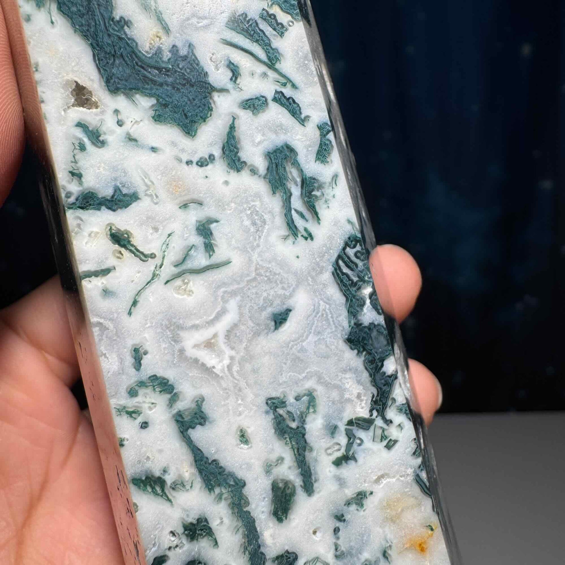large Moss Agate tower | 6” tall | 485 grams | with Druze | druzy pockets | milky Moss Agate | Quartz Moss Agate | Damage Discount