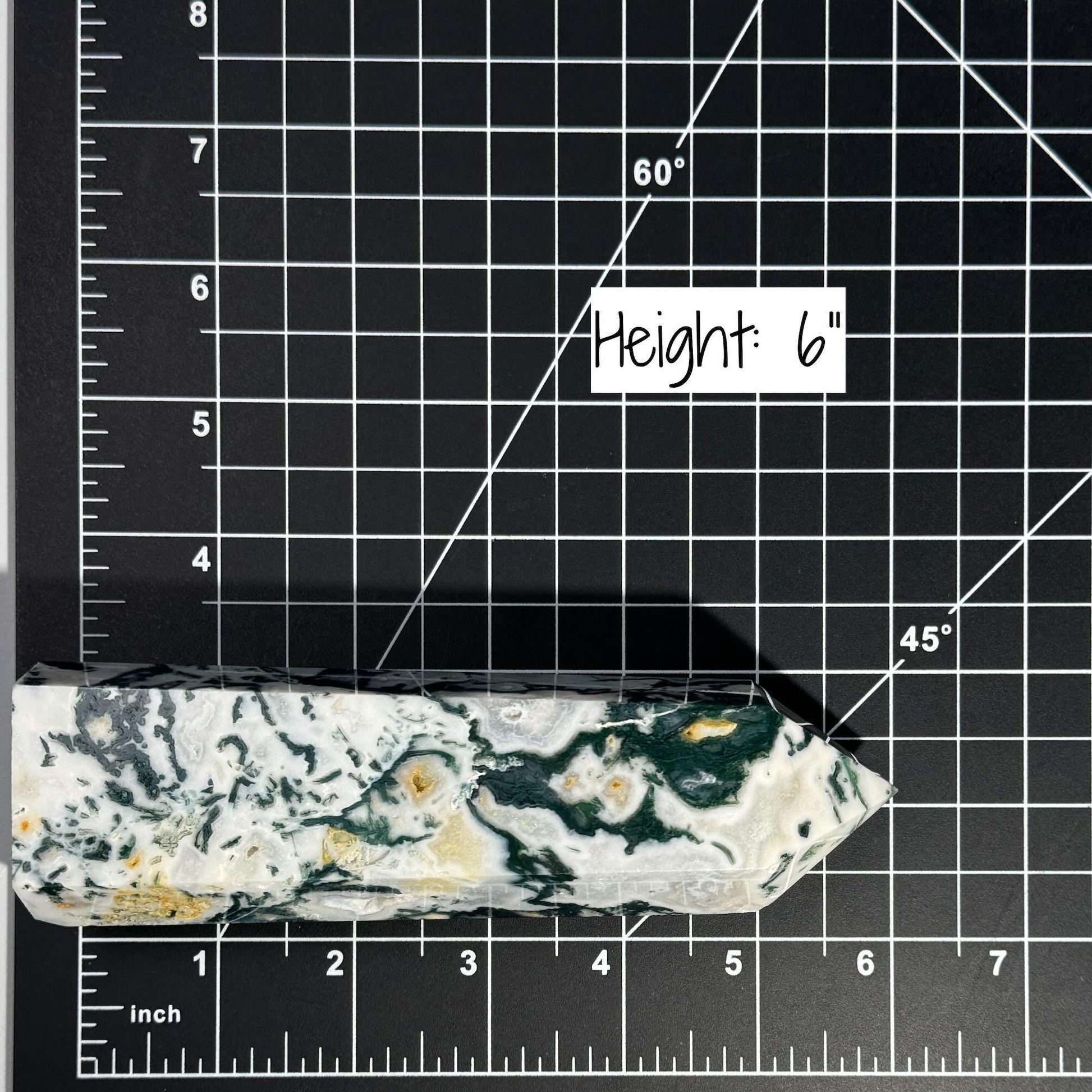 large Moss Agate tower | 6” tall | 485 grams | with Druze | druzy pockets | milky Moss Agate | Quartz Moss Agate | Damage Discount