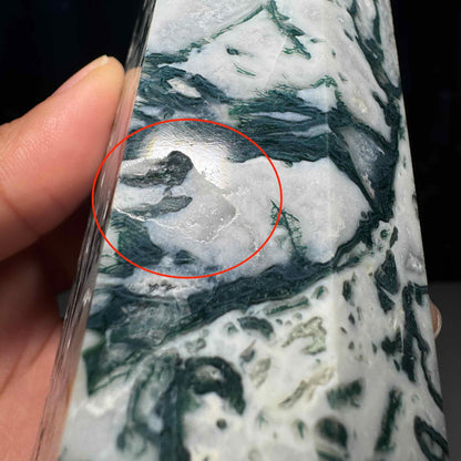 large Moss Agate tower | 6” tall | 485 grams | with Druze | druzy pockets | milky Moss Agate | Quartz Moss Agate | Damage Discount