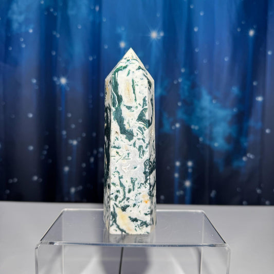 large Moss Agate tower | 6” tall | 485 grams | with Druze | druzy pockets | milky Moss Agate | Quartz Moss Agate | Damage Discount